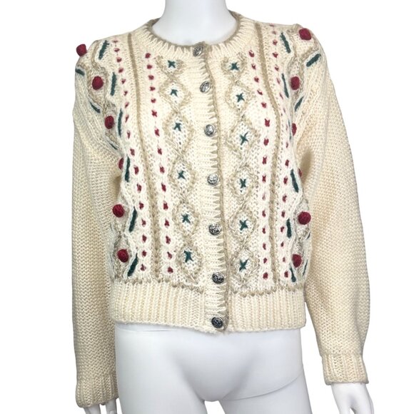 Russ Petites Acrylic Knit Cardigan Sweater Embroidered Ivory Button Front L - Picture 1 of 6